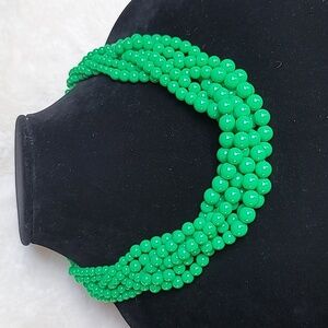 Kelly Green Beaded Braided Statement Necklace- Vintage, Estate